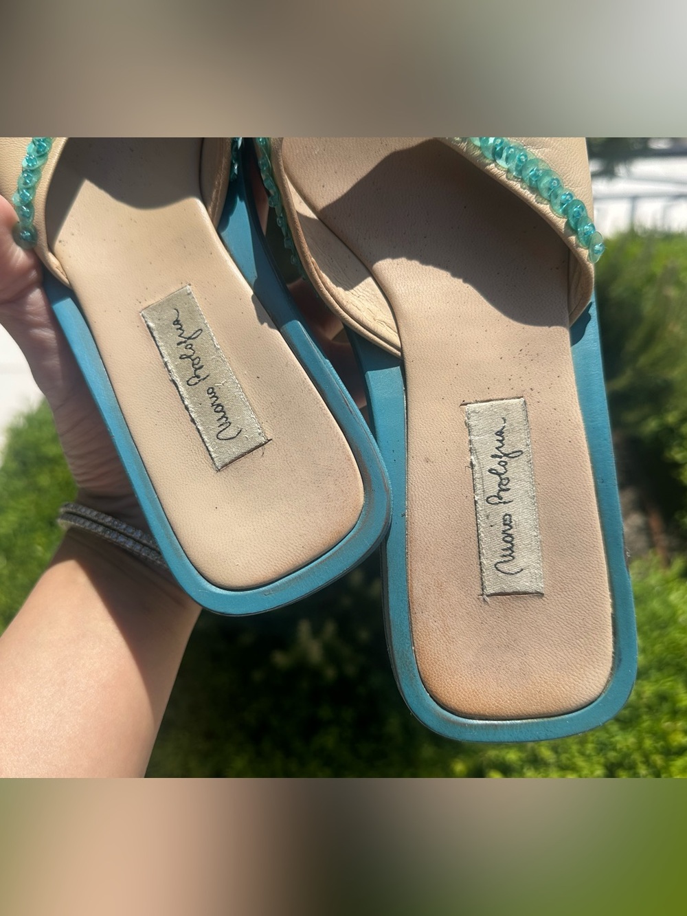 Manolo Blahnik Inspired Mario Bologna Y2K Turquoise Beige Beaded Thong Sandals - Picture 6 of 9